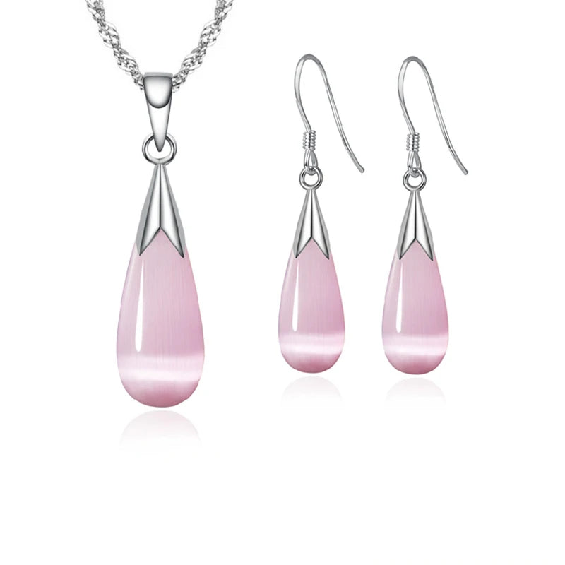 Sterling Silver Water Drop Opal Necklace & Earring Set