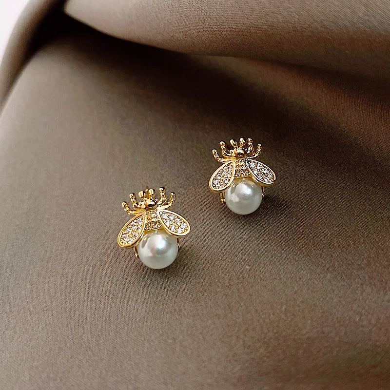 Elegant Honey Bee Pearl Stud Earrings for Women