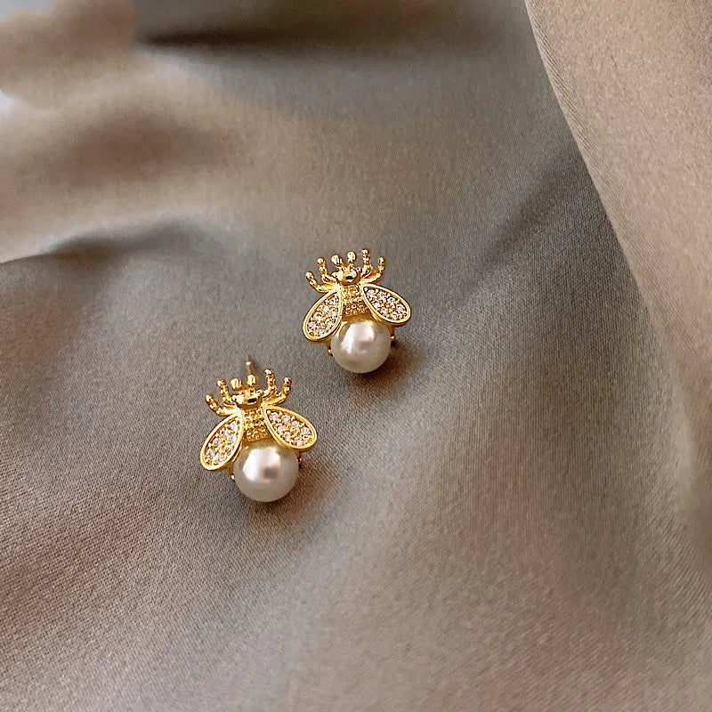 Elegant Honey Bee Pearl Stud Earrings for Women