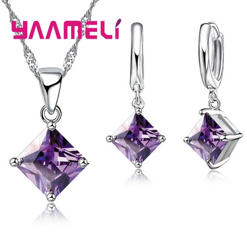 Sterling Silver Geometric Crystal Necklace & Earring Set