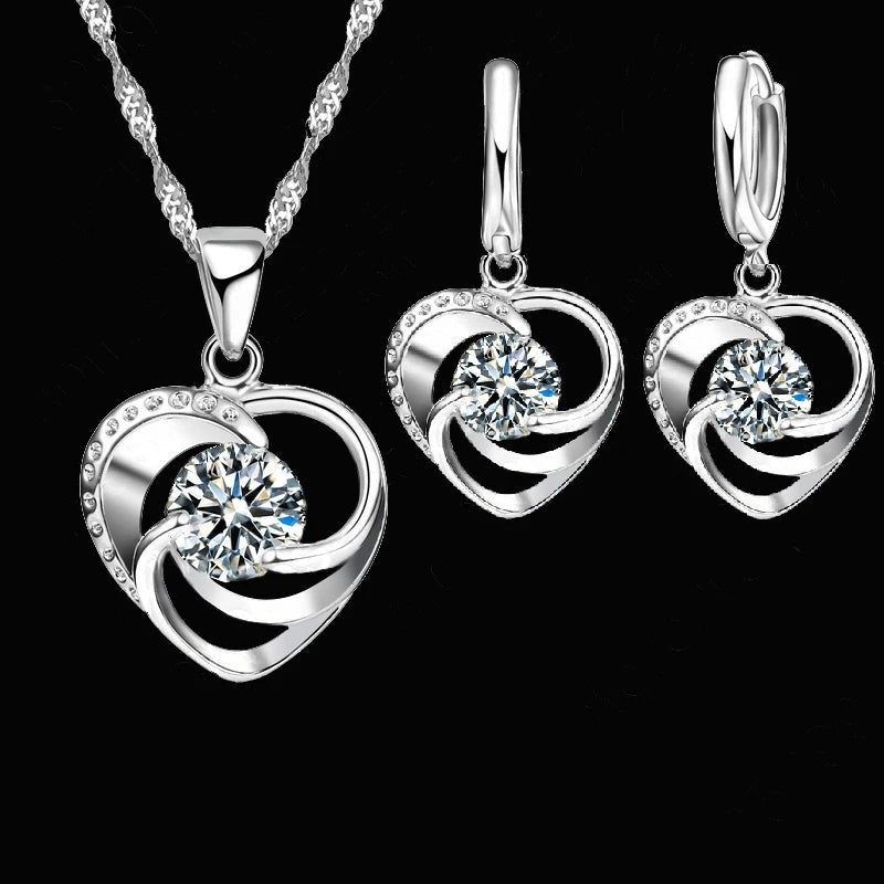 925 Sterling Silver Heart Necklace & Earrings Jewelry Set