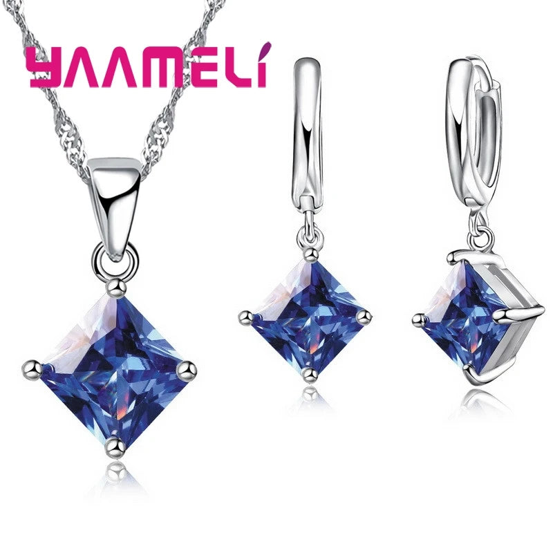 Sterling Silver Geometric Crystal Necklace & Earring Set