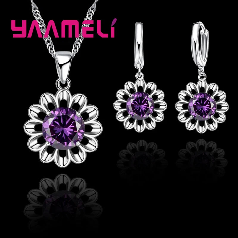 Sterling Silver Crystal Pendant Necklace & Hoop Earring Set