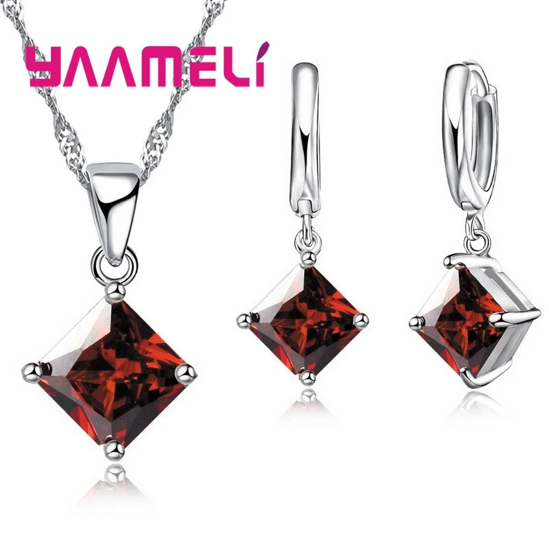 Sterling Silver Geometric Crystal Necklace & Earring Set