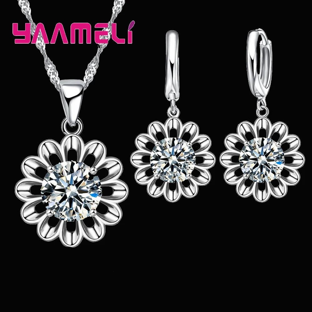 Sterling Silver Crystal Pendant Necklace & Hoop Earring Set
