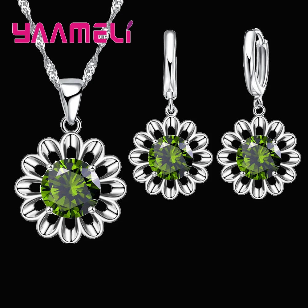 Sterling Silver Crystal Pendant Necklace & Hoop Earring Set