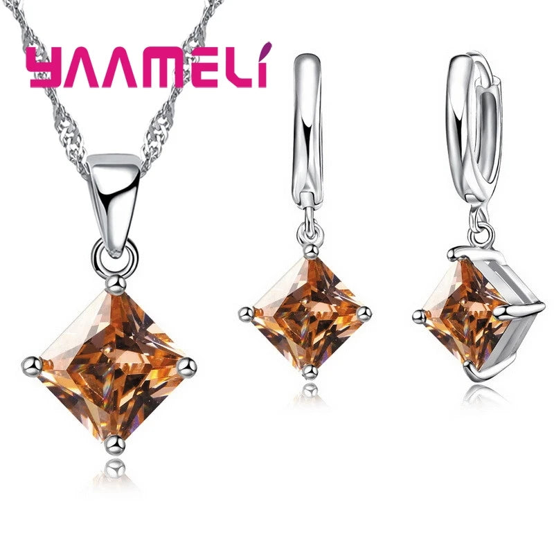 Sterling Silver Geometric Crystal Necklace & Earring Set