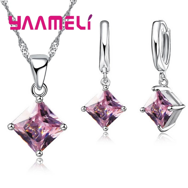 Sterling Silver Geometric Crystal Necklace & Earring Set