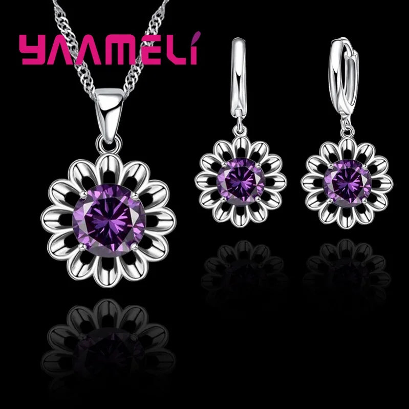 Sterling Silver Crystal Pendant Necklace & Hoop Earring Set
