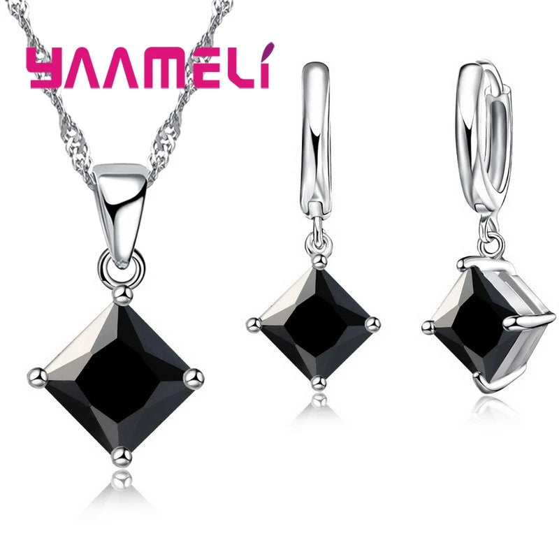Sterling Silver Geometric Crystal Necklace & Earring Set