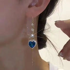 Elegant Blue Heart Zircon Tassel Drop Earrings