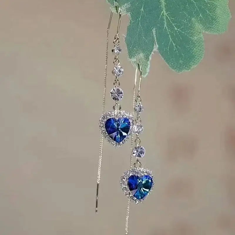 Elegant Blue Heart Zircon Tassel Drop Earrings