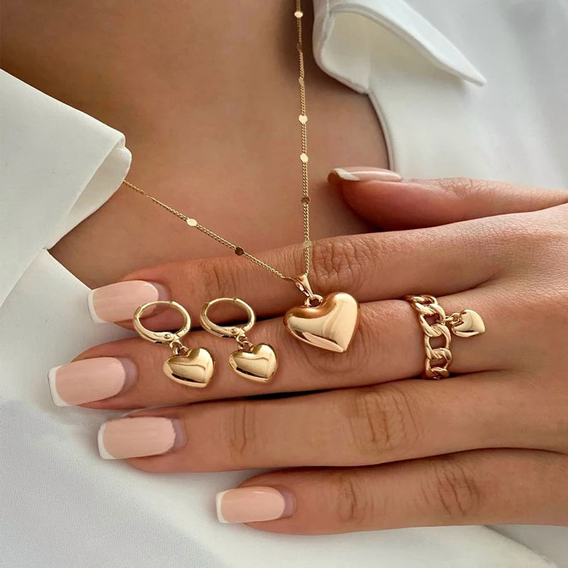 Vintage Gold Heart Necklace, Ring & Hoop Earring Set