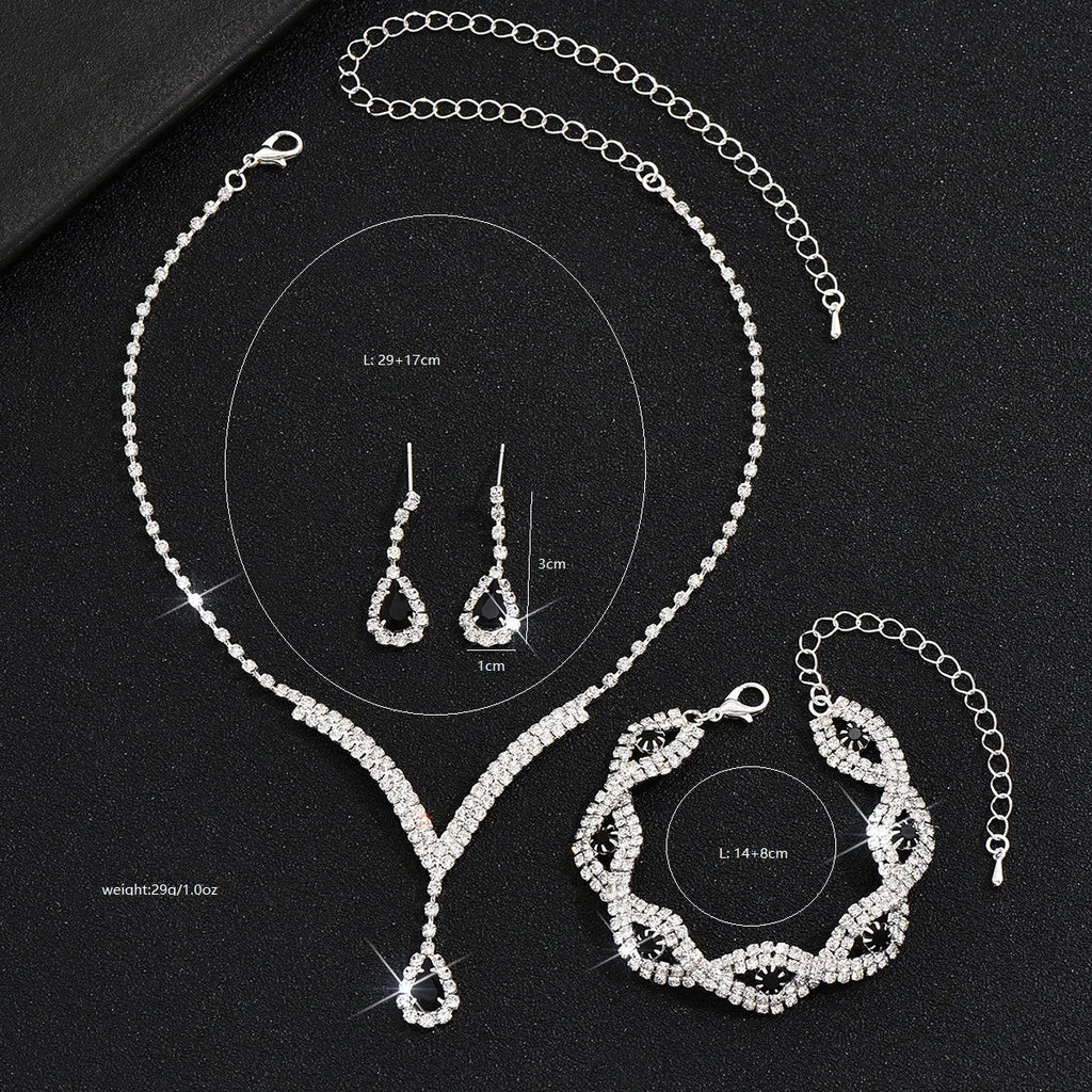 3-Piece Black Teardrop Rhinestone Bridal Jewelry Set