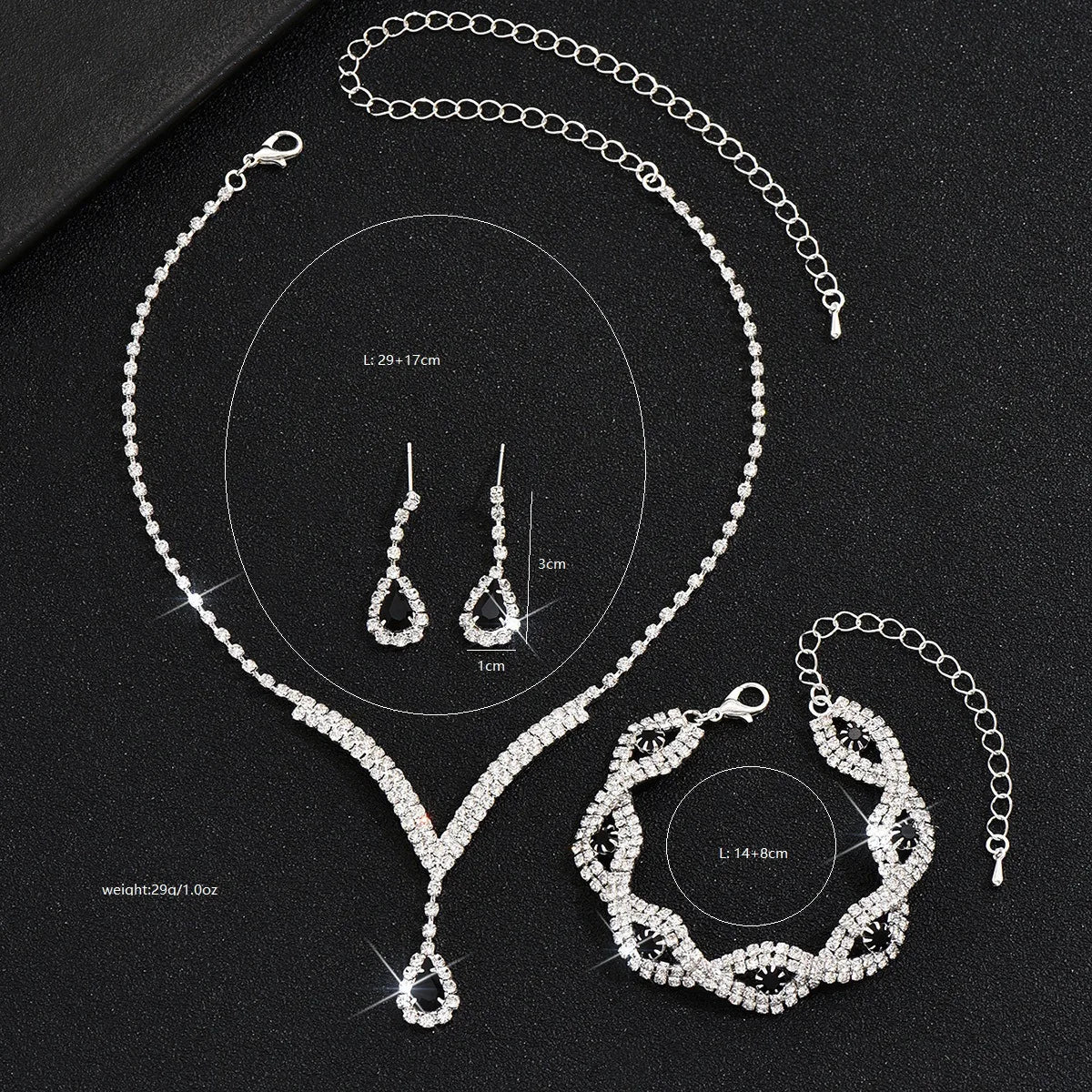 3-Piece Black Teardrop Rhinestone Bridal Jewelry Set