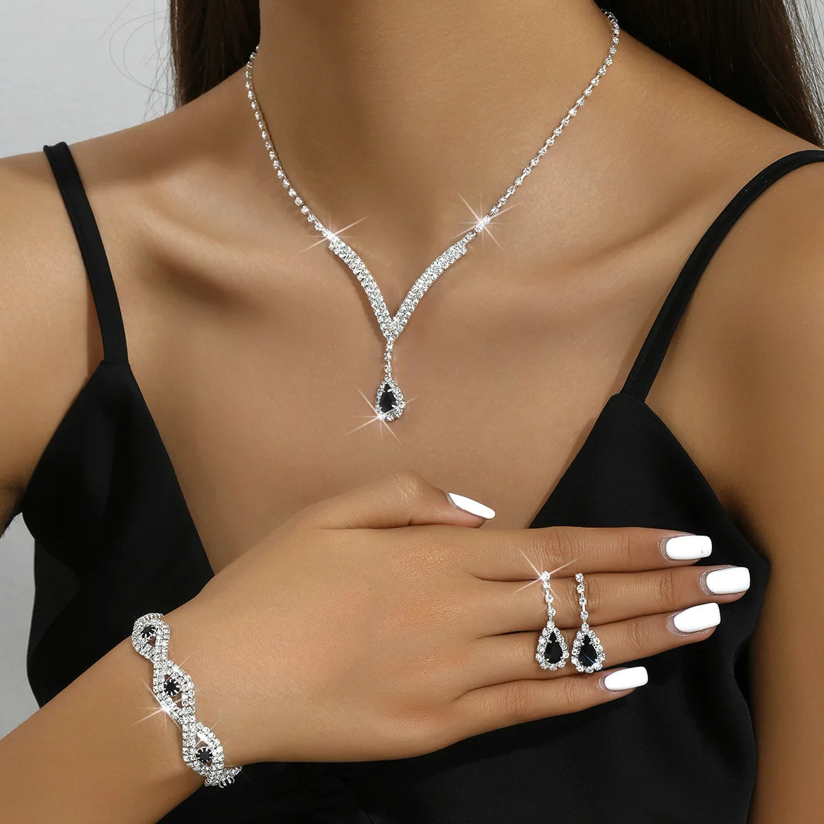 3-Piece Black Teardrop Rhinestone Bridal Jewelry Set