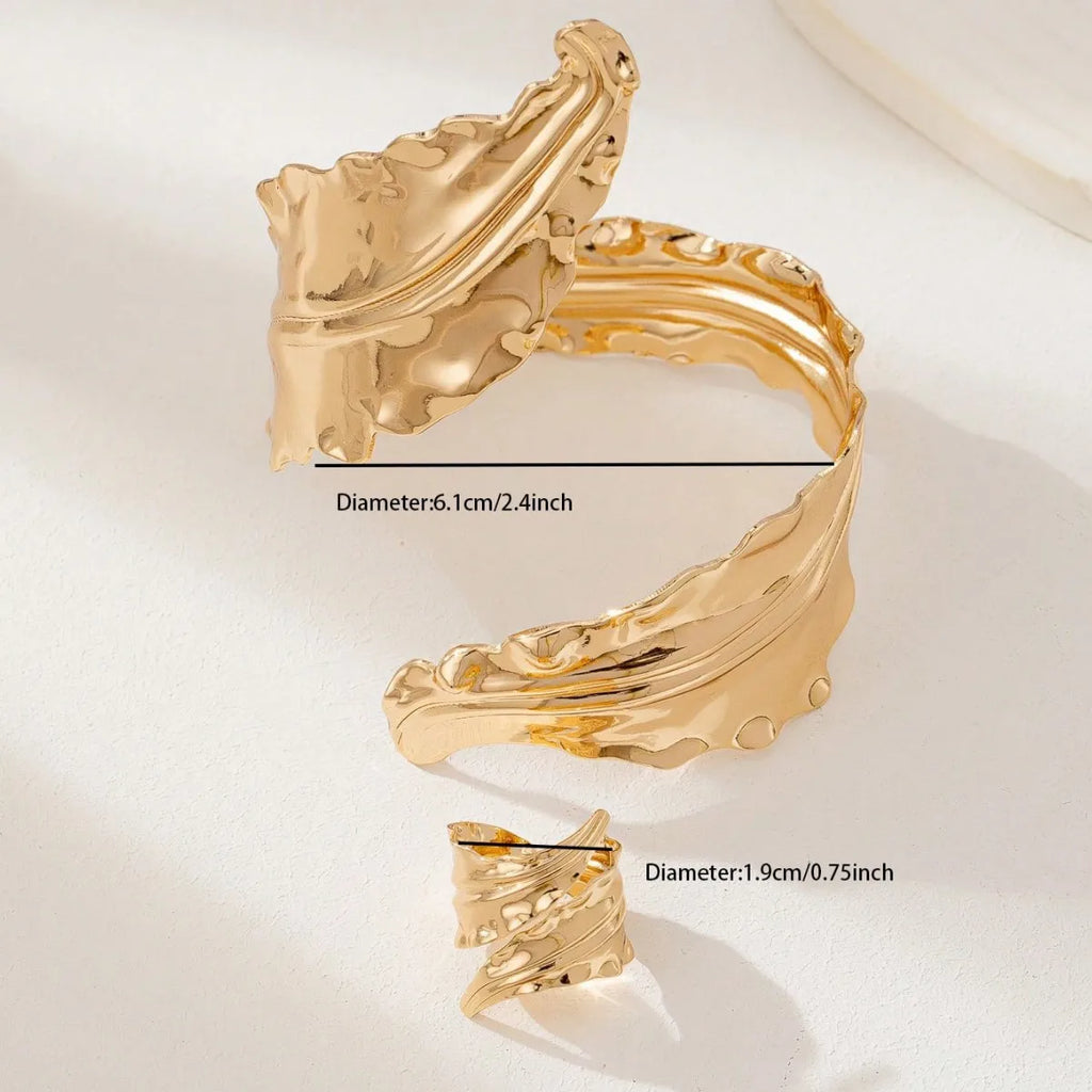Vintage Gold Leaf Bangle & Adjustable Ring Set