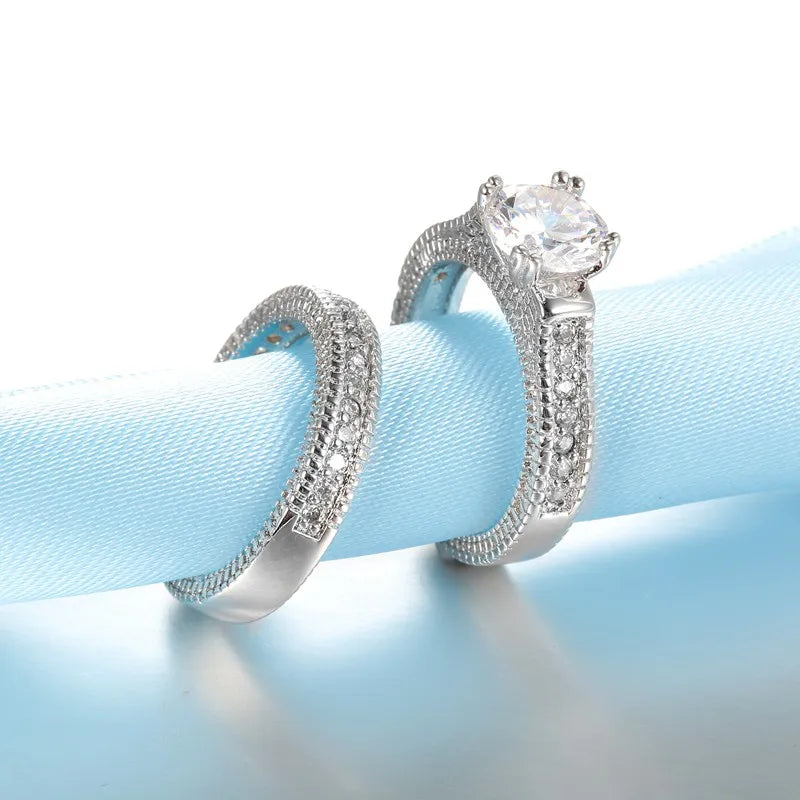 925 Sterling Silver CZ Matching Couple's Ring Set