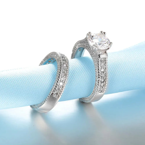 925 Sterling Silver CZ Matching Couple's Ring Set