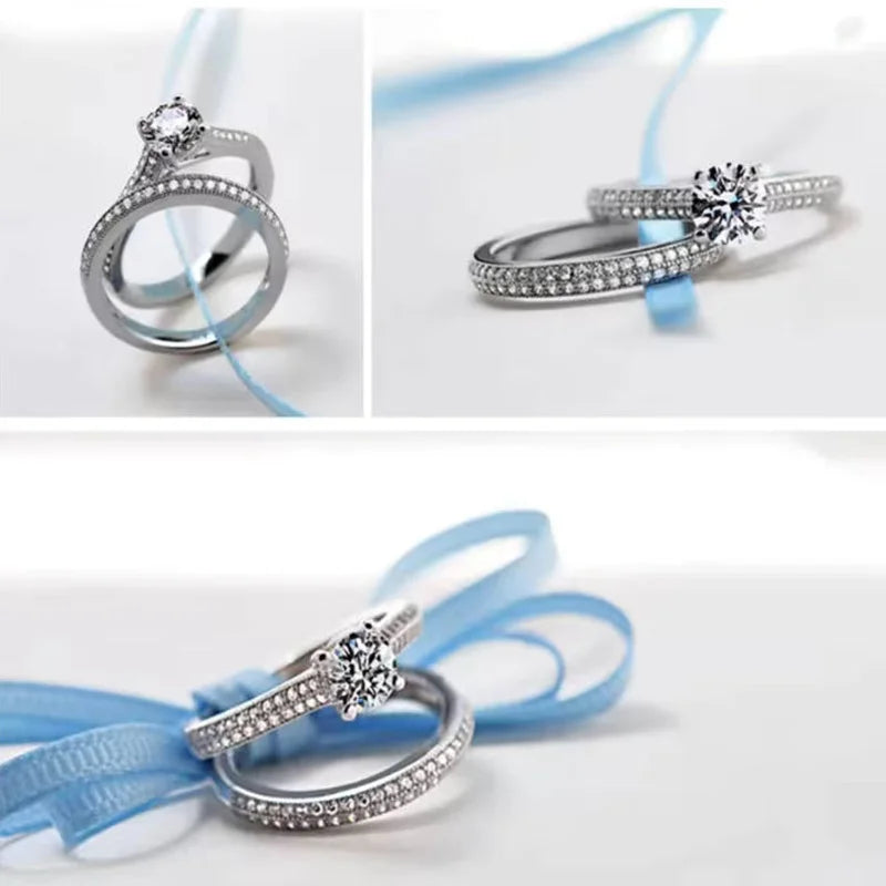 Vintage Halo 925 Sterling Silver Wedding Ring Set