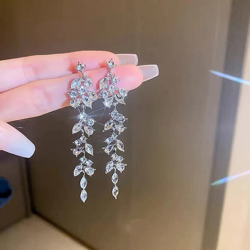 Elegant Crystal Floral Tassel Stud Earrings