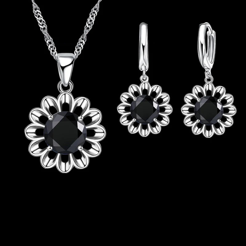 Sterling Silver Crystal Pendant Necklace & Hoop Earring Set
