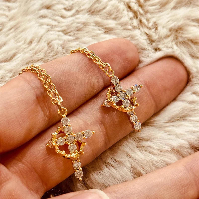Sparkling Stainless Steel Rotatable Crown Cross Necklace