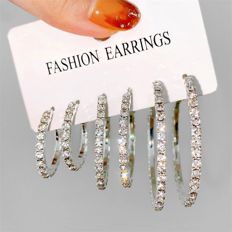 Sparkling Gold Rhinestone Hoop Earrings Set (3 Pairs)