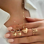 Vintage Gold Heart Necklace, Ring & Hoop Earring Set