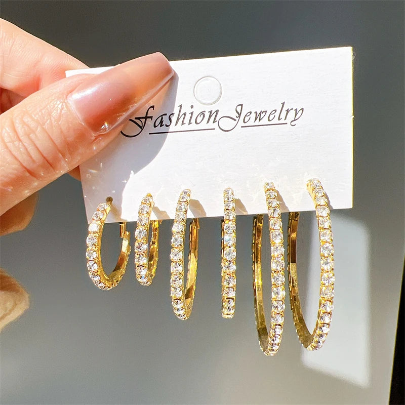Sparkling Gold Rhinestone Hoop Earrings Set (3 Pairs)