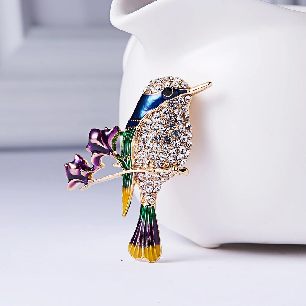 Sparkling Rhinestone Enamel Hummingbird Brooch Pin