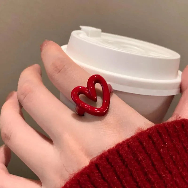 Red & White Enamel Heart Ring | Y2K Adjustable Band