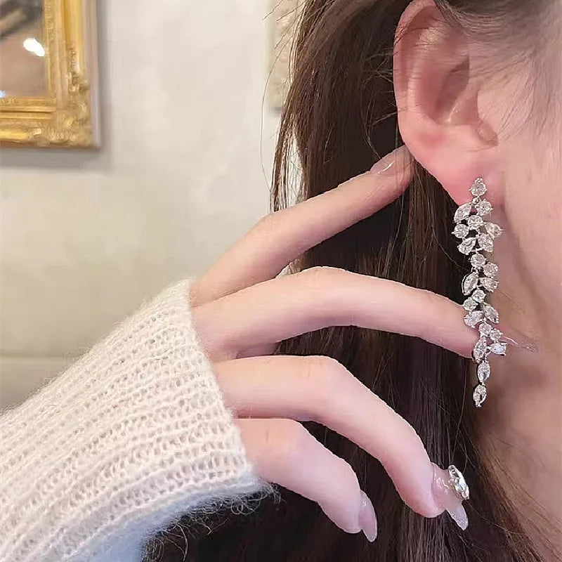 Elegant Crystal Floral Tassel Stud Earrings