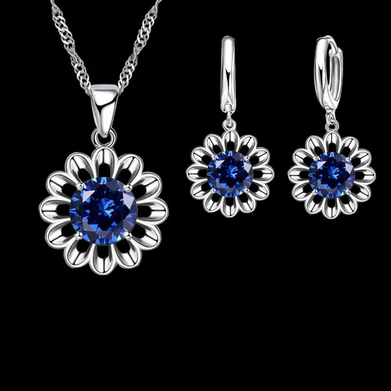 Sterling Silver Crystal Pendant Necklace & Hoop Earring Set