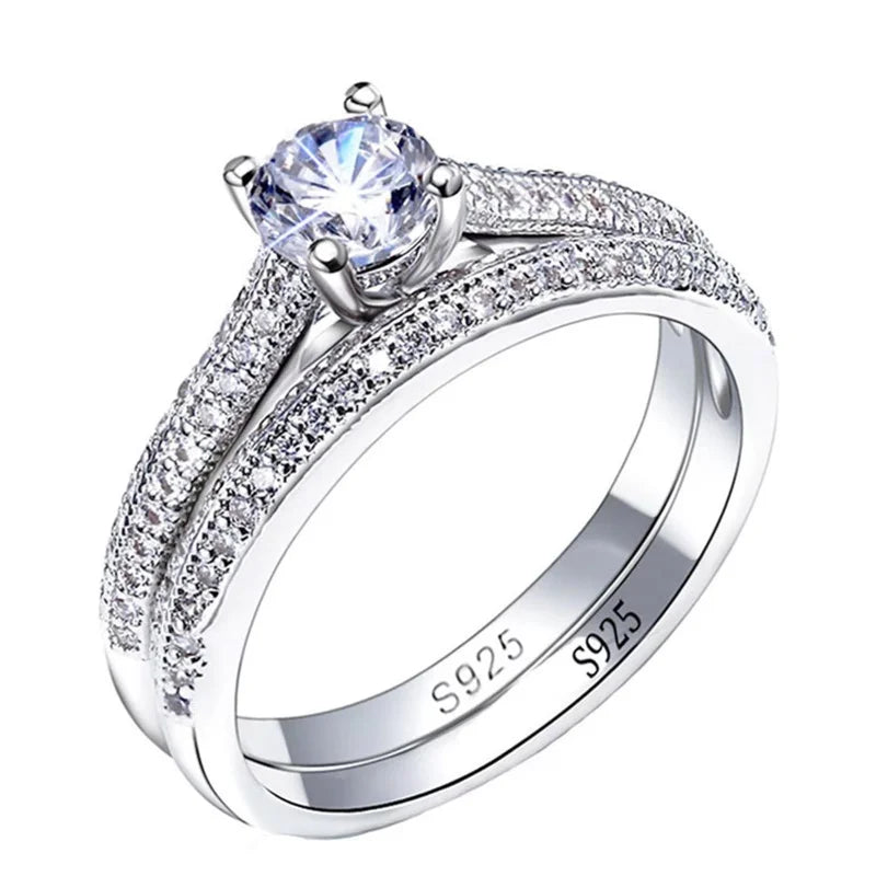 Vintage Halo 925 Sterling Silver Wedding Ring Set