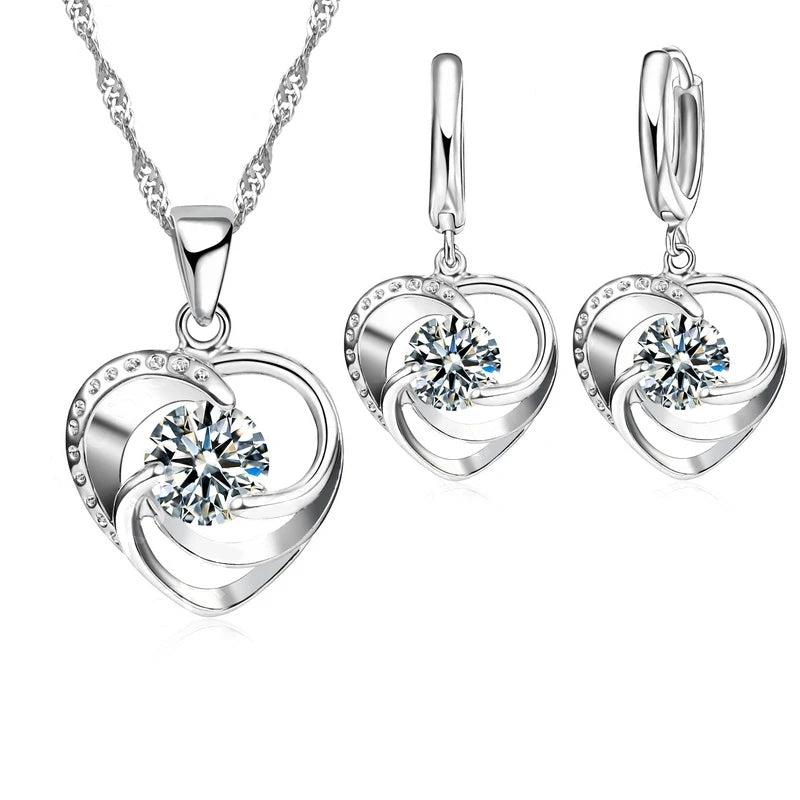 925 Sterling Silver Heart Necklace & Earrings Jewelry Set