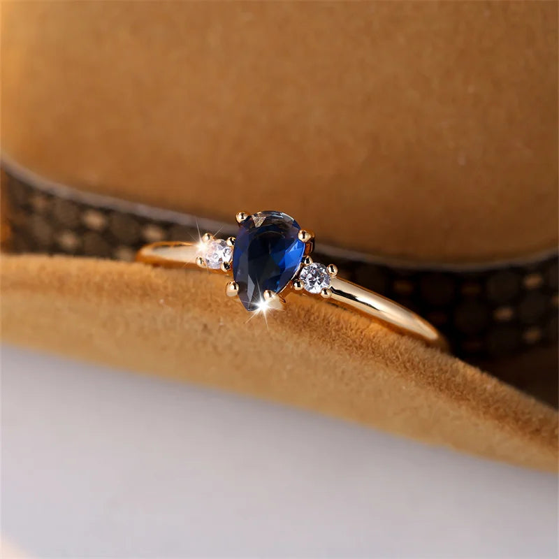 Minimalist Royal Blue Pear Cut Gold Tone Stacking Ring