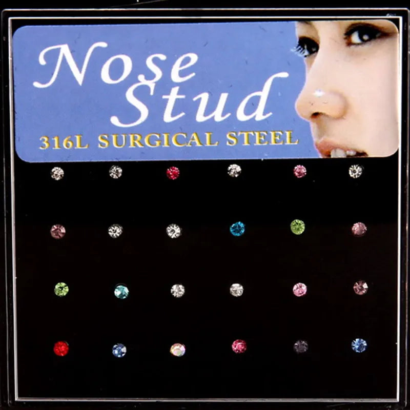 24-Piece Surgical Steel Crystal Nose Studs Set