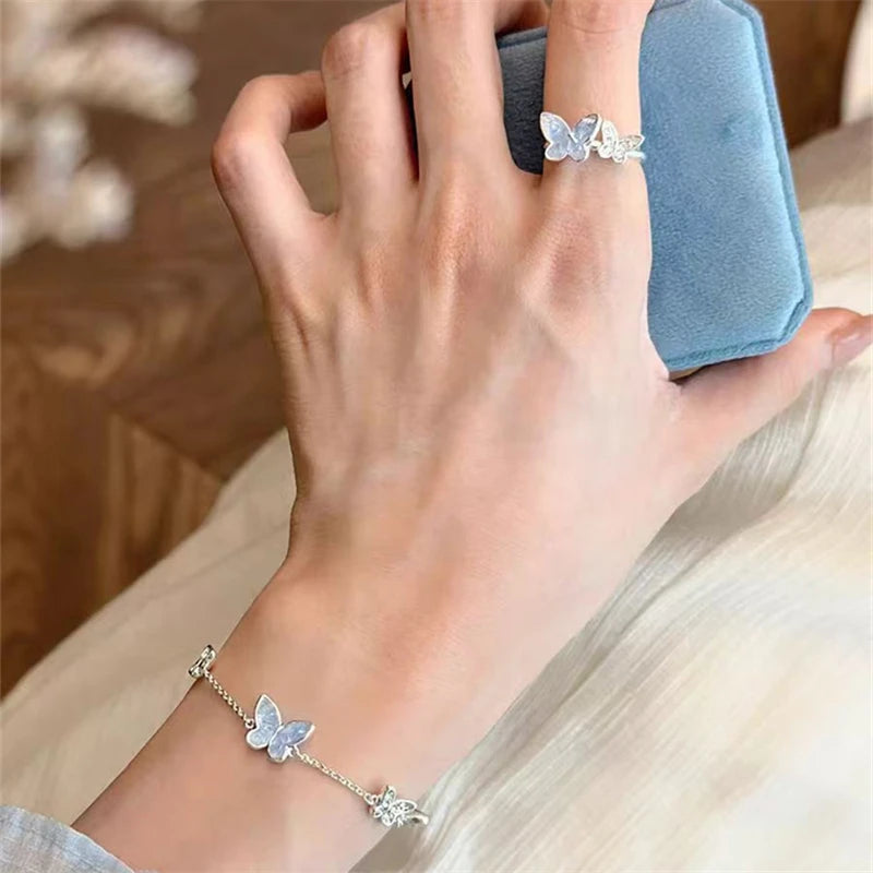 Luxury Blue Zircon Double Butterfly Jewelry Set
