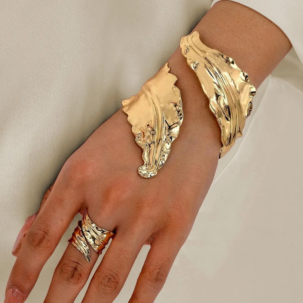 Vintage Gold Leaf Bangle & Adjustable Ring Set