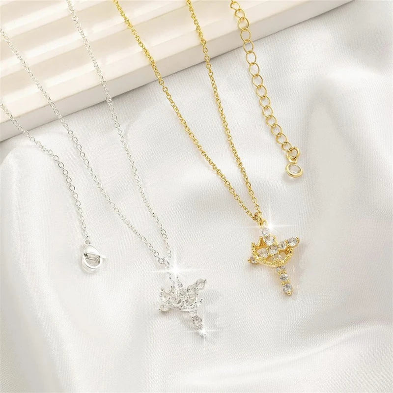 Sparkling Stainless Steel Rotatable Crown Cross Necklace