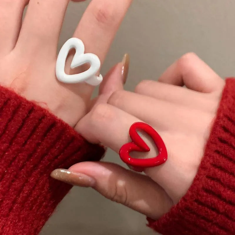 Red & White Enamel Heart Ring | Y2K Adjustable Band