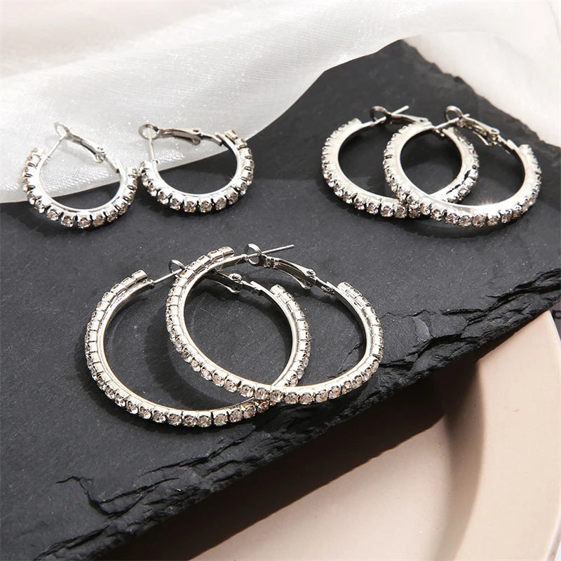 Sparkling Gold Rhinestone Hoop Earrings Set (3 Pairs)