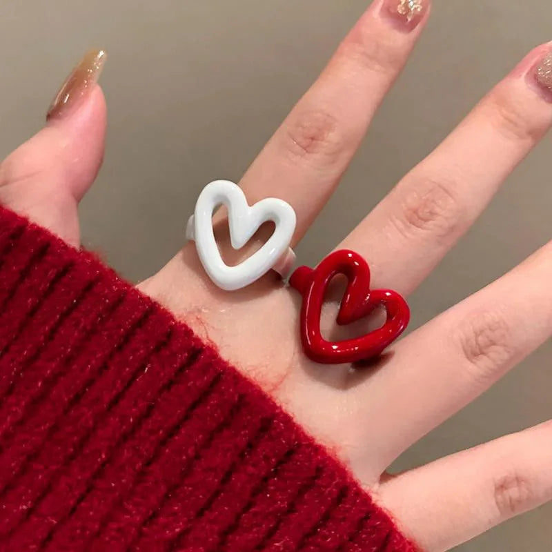 Red & White Enamel Heart Ring | Y2K Adjustable Band