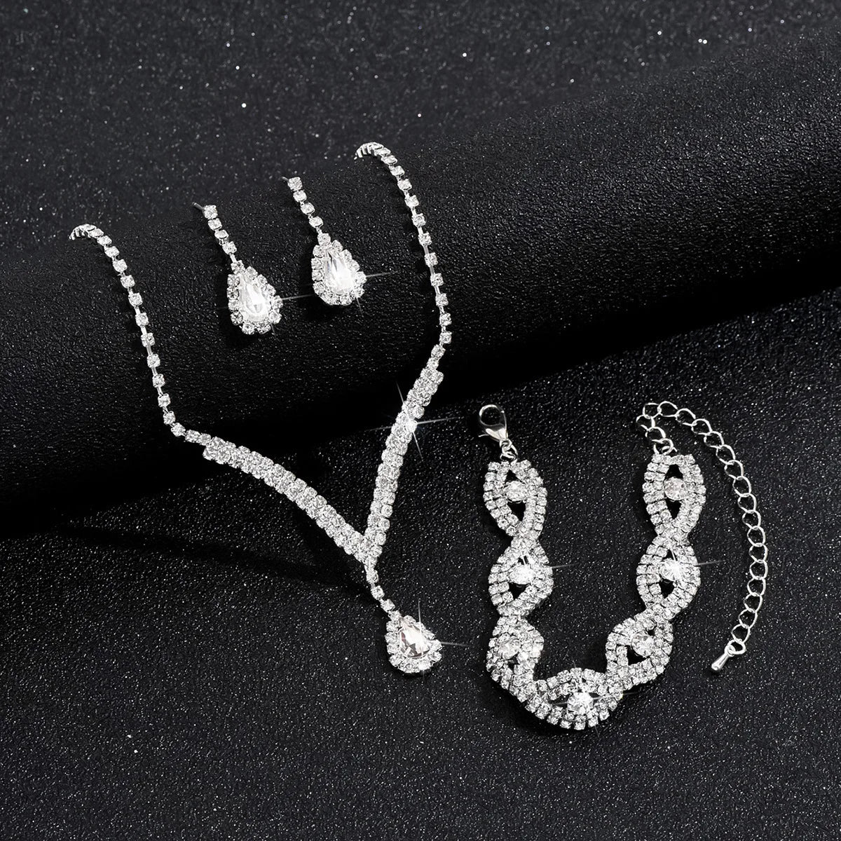 3-Piece Black Teardrop Rhinestone Bridal Jewelry Set