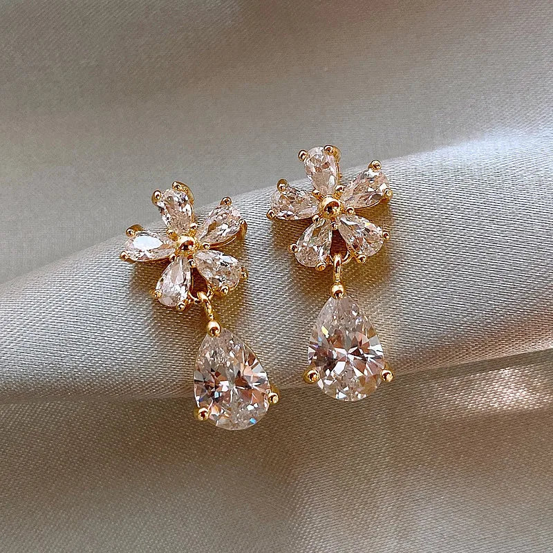 Elegant Crystal Floral Tassel Stud Earrings