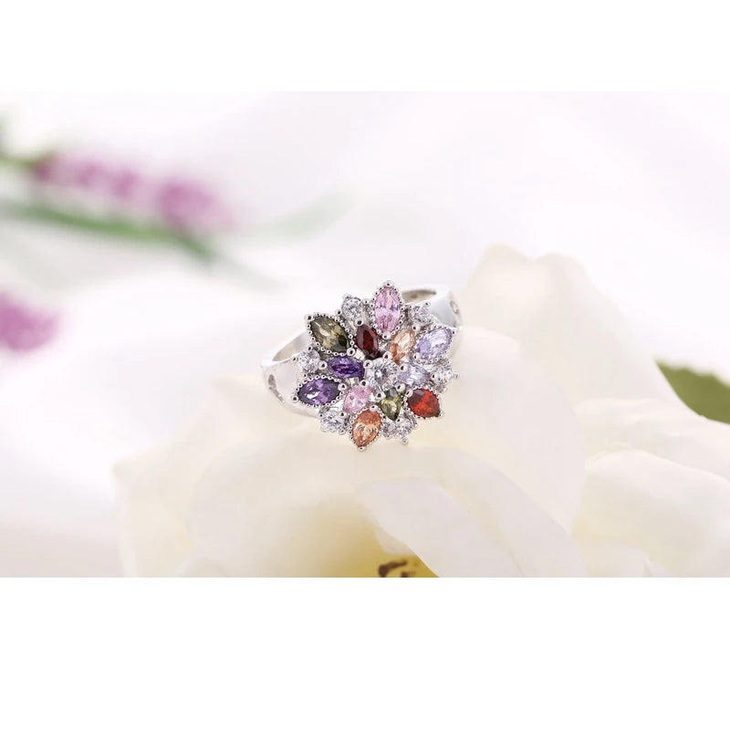 925 Sterling Silver Colorful Cubic Zirconia Flower Ring