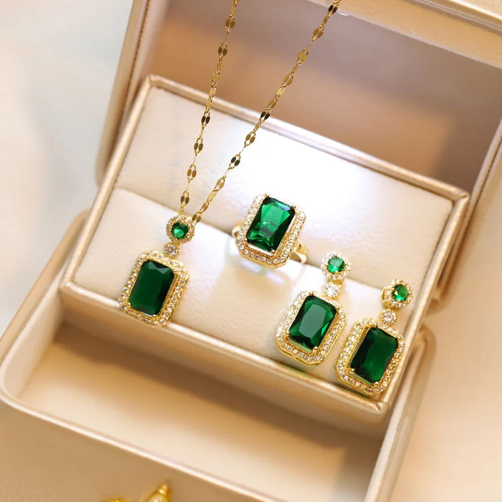 4-Piece Square Rhinestone Necklace, Earrings & Ring Set