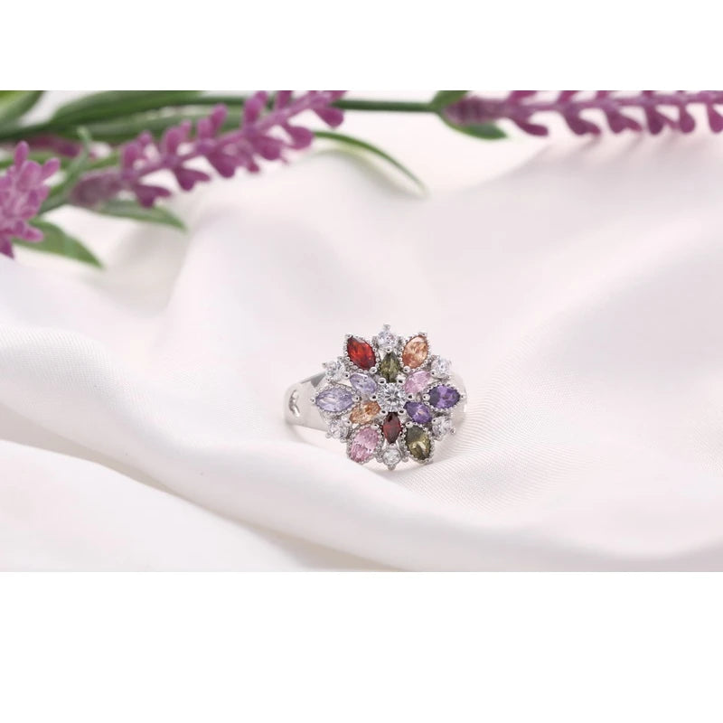 925 Sterling Silver Colorful Cubic Zirconia Flower Ring