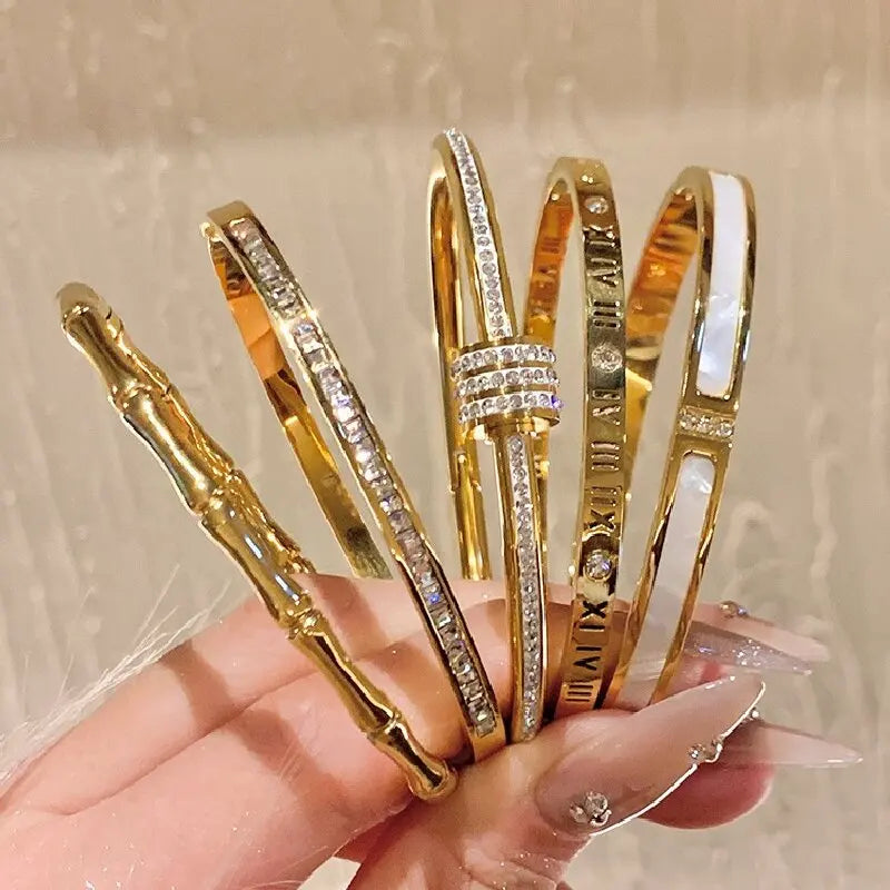 Classic Gold Titanium Zircon Bangle for Women